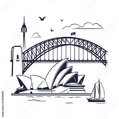 Sydney australia iconic landmarks sketch drawing opera house bridge