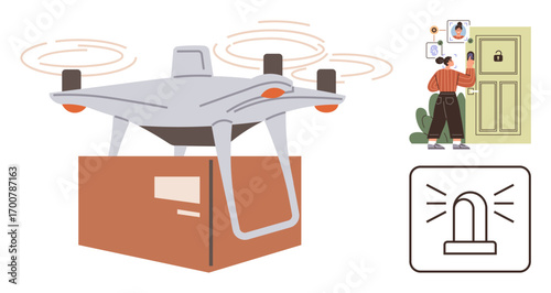 quadcopter carrying a package in flight, woman managing smart home locks via a tablet, and a security alert icon. Ideal for logistics, delivery, home automation, security, innovation, tech solutions