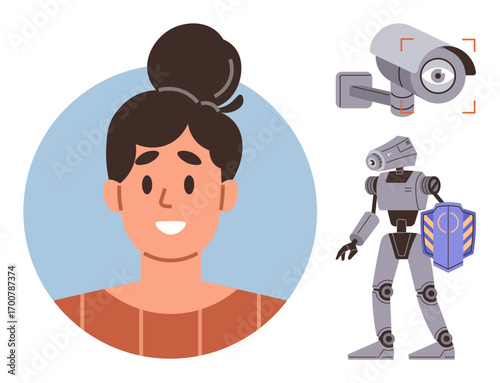 Smiling woman face in profile circle, security camera with focus indicator, and advanced robot with shield. Ideal for AI, security, future technology, robotics, monitoring, surveillance simple flat