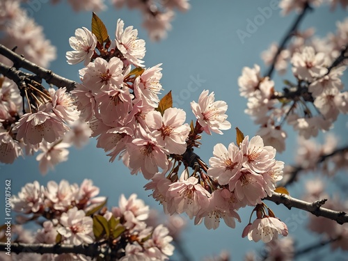 Delicate Pink Cherry Blossoms on Tree Branches