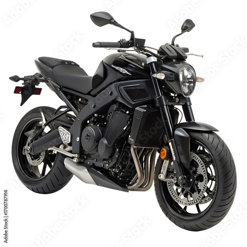 black sport motorcycle naked streetfighter three-quarter front view isolated