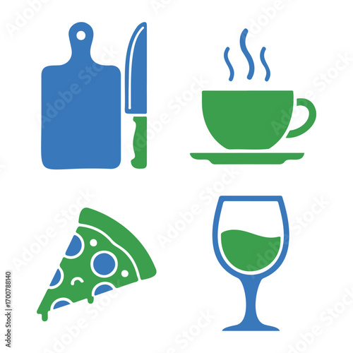 Four simple graphic icons representing food and drink: a cutting board and knife, a steaming coffee cup, a slice of pizza, and a glass of wine.