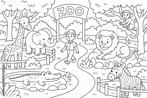 hand drawn vector doodle illustration of fairy tale characters in the zoo coloring page for kids line art	