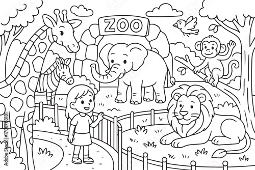 hand drawn vector doodle illustration of fairy tale characters in the zoo coloring page for kids line art	