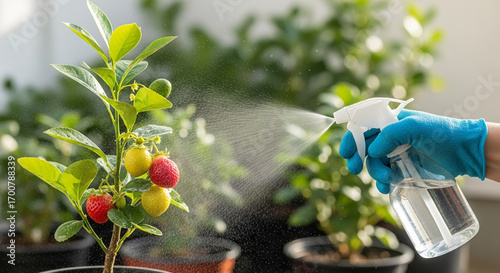 A person wearing blue gloves sprays a small potted plant with red and yellow berries, with other potted plants blurred in the background.