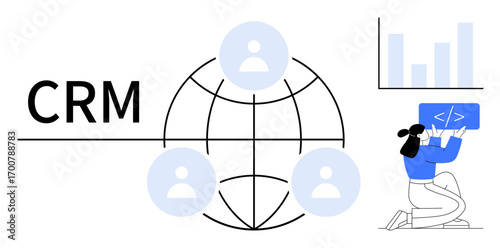 Globe with user icons, CRM text, chart, and developer coding tablet. Ideal for customer management, data analysis, workflow, teamwork, digital tools UX design simple landing page