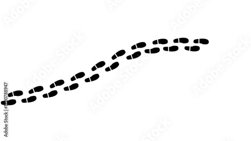 Black shoe footsteps walking motion animation with curved direction on white background and green screen. 4K animated icon footsteps trail for motion graphics, travel, and journey map route.
