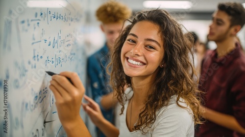 happy college student writing equation on white board in class satisfied young girl solving math problem on whiteboard with classmates in background watching her proud high school student writing no 