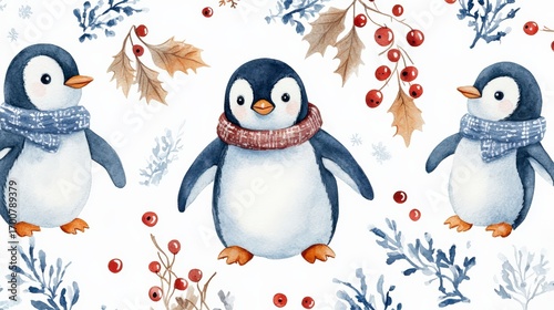 Watercolor penguin family seamless pattern background