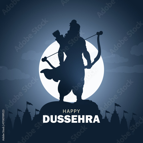 Happy Dussehra Silhouette of Lord Rama with Bow under Full Moon