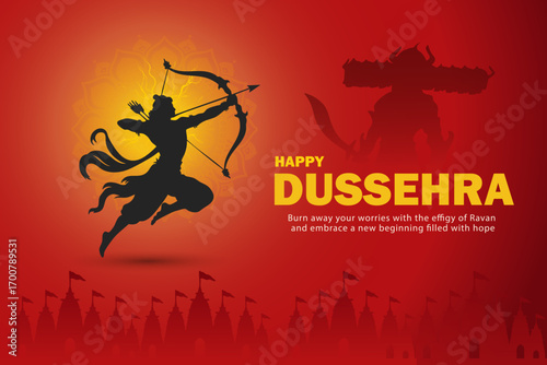 Happy Dussehra Illustration of Lord Rama Aiming Arrow at Ravana