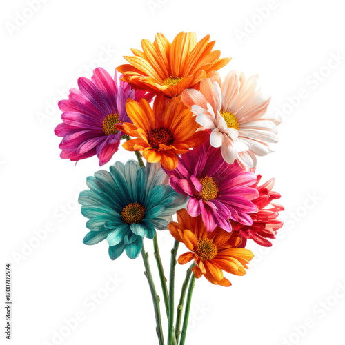 A bouquet of flowers with a mix of colors including pink, yellow, and blue