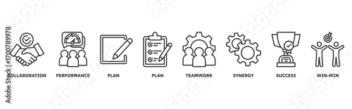 Partnership icon set illustration illustration concept with icon of Collaboration, performance, plan, plan, teamwork, synergy, success, win-win 