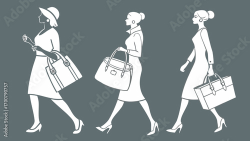 Three elegant women walking in profile, each carrying a stylish handbag, in a monochromatic illustration.