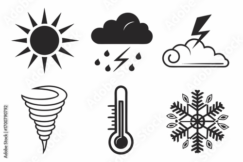 A collection of six distinct weather icons representing various meteorological phenomena.