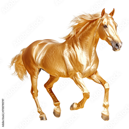A golden akhal teke horse galloping on a black background