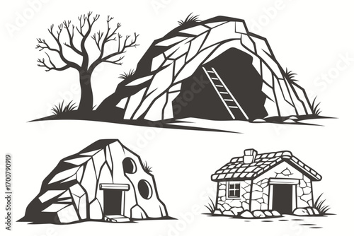 Illustration of various types of dwellings including a cave entrance with a ladder, a rock shelter, and a stone house.