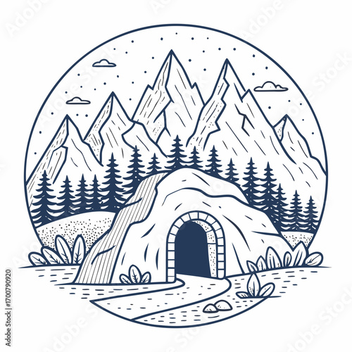 Illustration of a mountain landscape with a cave entrance and a path.