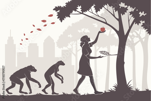 Illustration depicting human evolution, from ape to modern woman reaching for an apple.