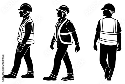 Three silhouettes of construction workers wearing safety vests and hard hats, walking.