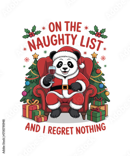 Panda in Santa suit sitting in chair with wine christmas