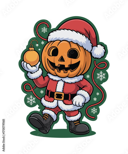 Cartoon pumpkin Santa Claus holding Christmas ornament