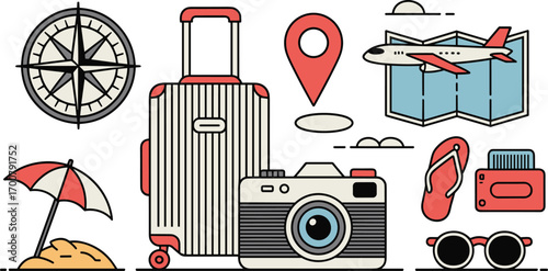 Travel vacation illustration with suitcase, airplane, passport, camera, map, compass, umbrella, sunglasses, flip flops, summer holiday icons