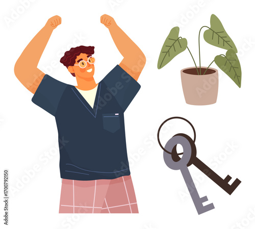 Person cheering joyfully, potted plant symbolizing growth, and keys signifying home or accomplishment. Ideal for success, achievement, new beginnings, happiness, positivity, homeownership