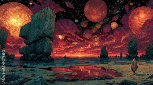 Mystical landscape scene featuring planets and person in fantasy world. Comic book style, Vibrant colors, Fantasy.