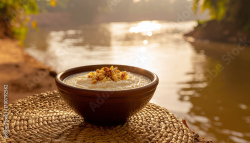 Sudanese Aseeda bi Laban in Clay Bowl on Reed Mat by River at Morning Fog