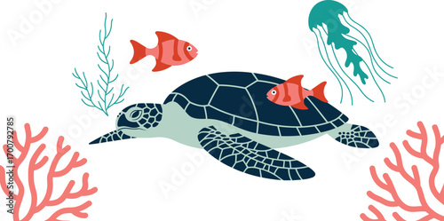 Sea turtle swimming illustration, tropical fish, coral reef plants, jellyfish, ocean ecosystem, underwater marine wildlife vector