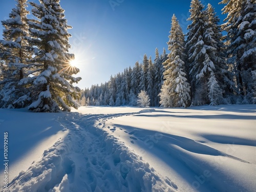 Pristine Winter Snow Landscape with Evergreen Trees