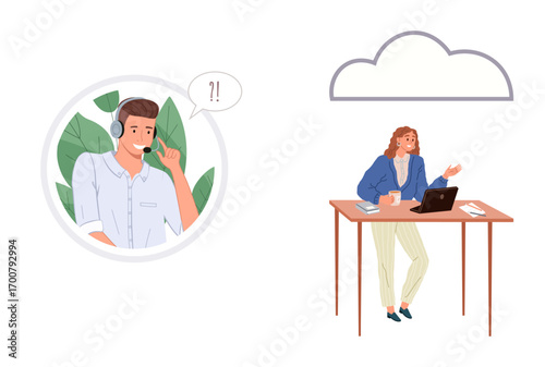 Customer service agent with headphones addressing a query and a businesswoman working on a laptop at her desk. Ideal for remote work, communication, support, technology, collaboration, customer