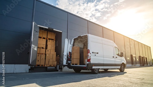 A white delivery van is unloading a large stack of cardboard boxes from a modern warehouse facility under bright sunlight.
