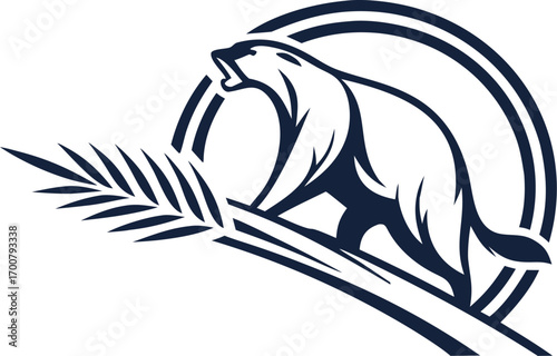 Vector illustration of a roaring bear standing on wheat stalk in bold monochrome style. Symbol of power, growth, and nature. Perfect for logos, mascots, and branding projects.