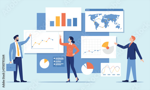 Business team presenting data analysis, charts, graphs, world map, financial report, teamwork collaboration, market trends, strategic planning, business growth discussion