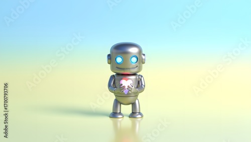 Friendly Robot with Open Heart: A charming, cheerful robot with a friendly face and a heart-shaped design, standing proudly in a dreamy, gradient-filled atmosphere.