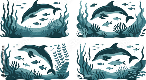 Underwater dolphin scene, marine wildlife, ocean life, tropical fish, seaweed, coral reef, aquatic nature, vibrant sea creatures, ocean ecosystem