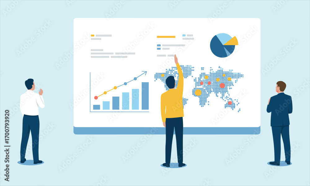 Fototapeta premium Business data analysis, teamwork strategy, global market insights, presentation with charts, graphs, and maps, corporate planning, data visualization, report review