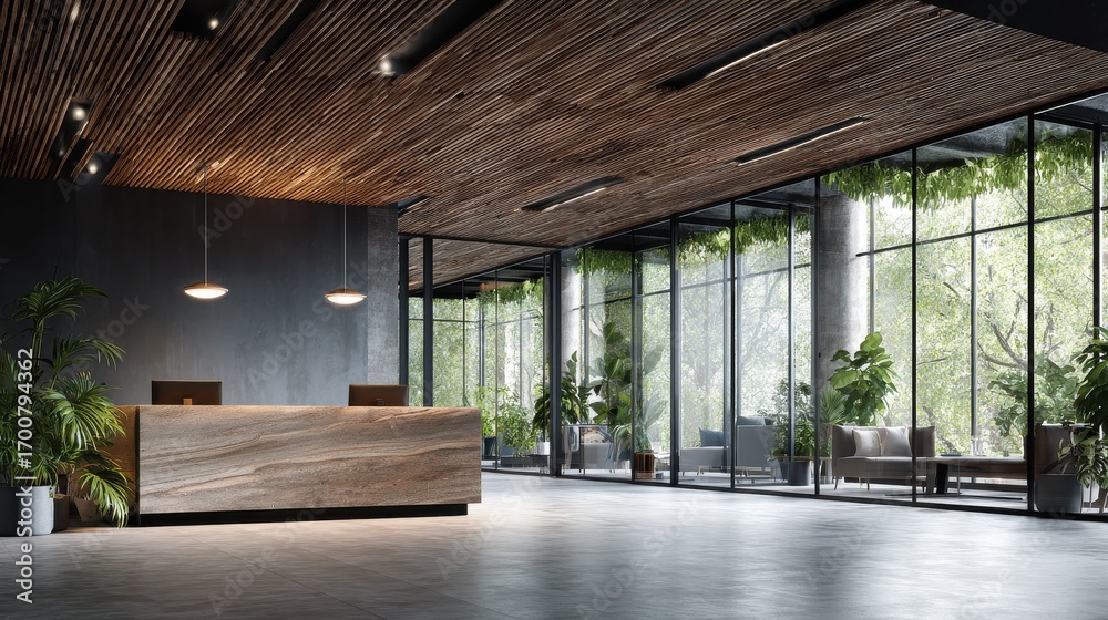 Naklejka premium modern office reception area with wooden ceiling glass walls and plants