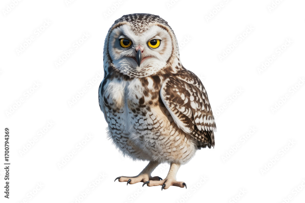 Naklejka premium A fierce-looking spotted owl with bright yellow eyes stands against a transparent background. background removed