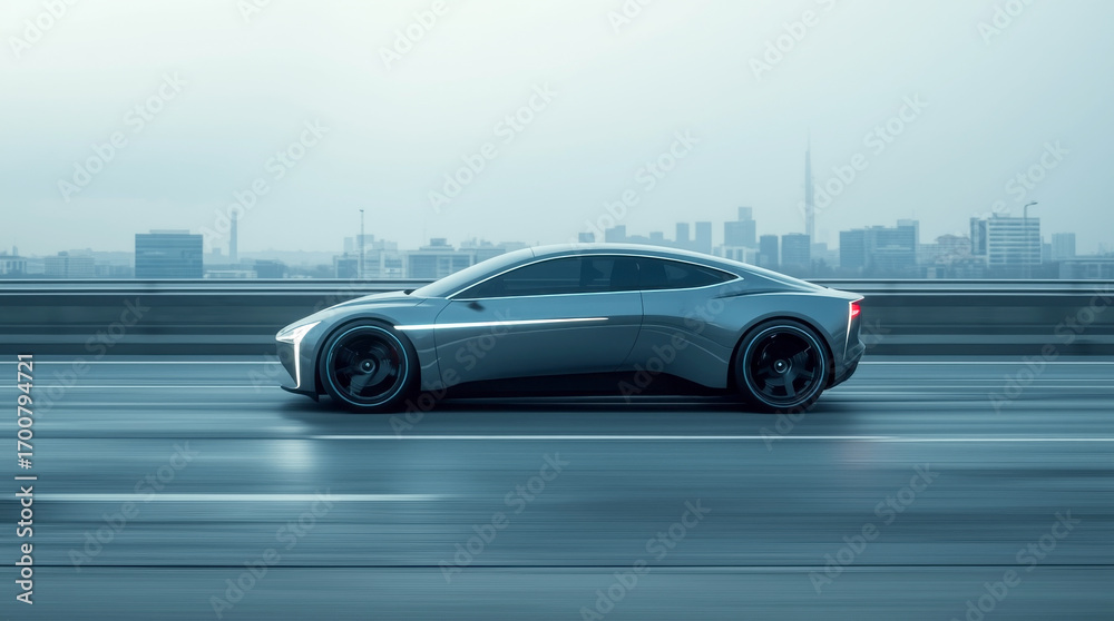 Obraz premium futuristic electric car with a sleek, minimalist design, driving on a clean, empty highway. The car has glowing lines that trace its body. The background is a clean, modern cityscape