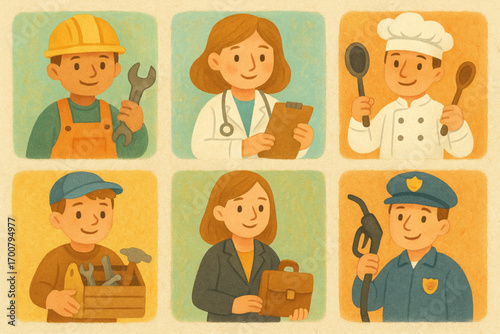 Set of child-friendly occupational icons, stylized vector collage illustration