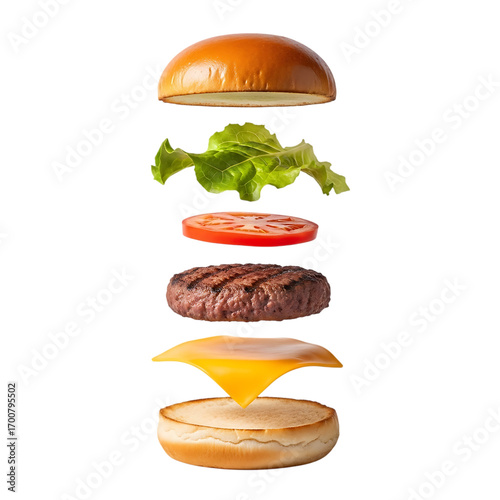Minimalist hamburger in separate layers with bun patty lettuce tomato cheese