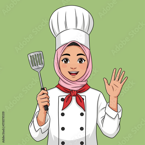 Smiling Muslim Woman Chef Cartoon Illustration