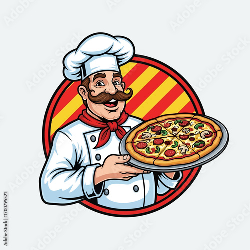 Smiling Pizza Chef with Delicious Pizza Logo Design
