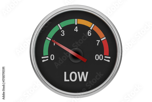 A circular gauge with a red needle pointing to 'LOW', indicating a low level. background removed