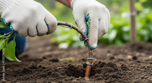 Gardener grafting a tree branch onto a rootstock in the soil, securing it with tape and wire in a garden setting.