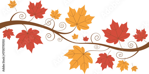 Curved autumn tree branch with swirling fall leaves, seasonal foliage vector, maple leaf design for decorative use
