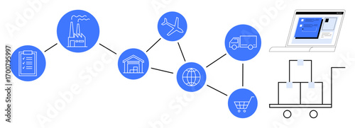 Factory, airplane, truck, warehouse, globe, cart, checklist, connected in process. Ideal for logistics e-commerce global trade inventory retail distribution simple flat metaphor